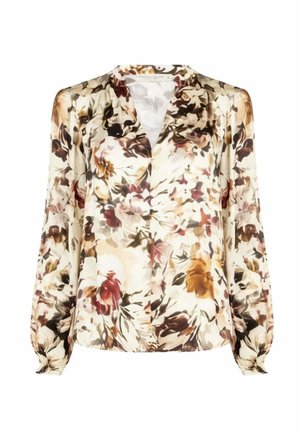 Blusa a maniche lunghe con scollo a V, caratterizzata da una base beige e da un motivo floreale nei toni del marrone, arancione e rosa.