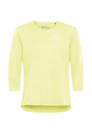 T-shirt met korte mouwen, lichtgeel en gemaakt van een zachte, gestructureerde stof. Heeft een ronde hals en een klein logo aan de voorkant.