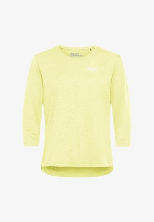 T-shirt met korte mouwen, lichtgeel en gemaakt van een zachte, gestructureerde stof. Heeft een ronde hals en een klein logo aan de voorkant.