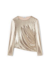 Top a maniche lunghe in tessuto dorato lucido con scollo rotondo e dettagli drappeggiati sul davanti, caratterizzato da una texture liscia e levigata.