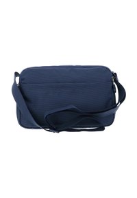 Marineblaue rechteckige Tasche aus strukturiertem Stoff. Mit Reißverschluss, verstellbarem Träger und einer flachen Fronttasche.
