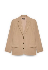 Blazer in corduroy beige con tre bottoni, due tasche a patta anteriori e borchie argentate decorate su colletto e revers.