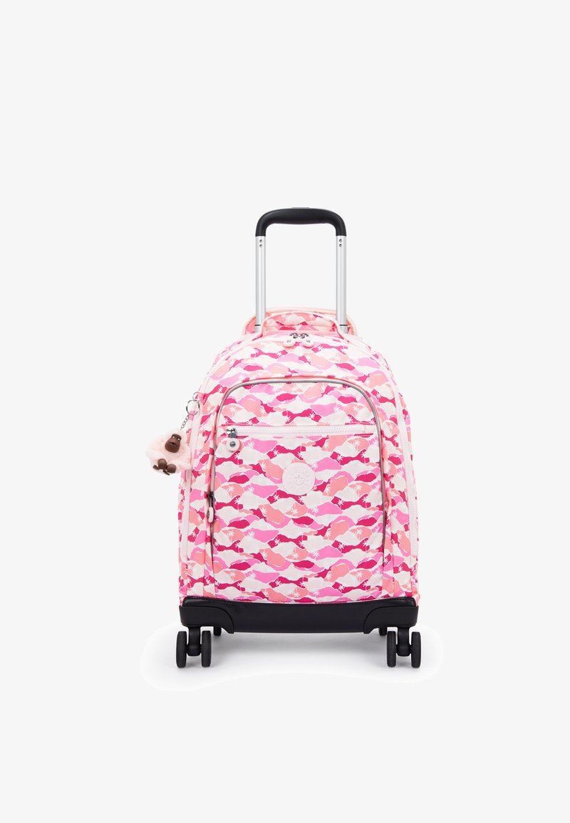 Kuffert med hjul i pink og hvidt fiskeprint, lavet af stofmateriale, med to hjul, udtrækkeligt håndtag og en blød nøglering vedhæftet.