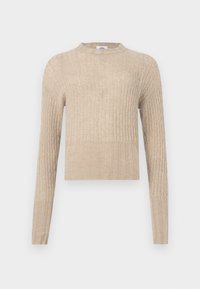 Pulover bej cu maneci lungi, din tricot cu dungi, cu decolteu rotund și un design scurt. Textura netedă cu variații subtile în model.