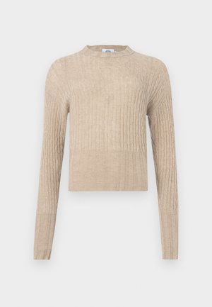 Beige ribbed knit sweater with long sleeves, a round neckline, and a cropped design. Smooth texture with subtle variations in pattern.