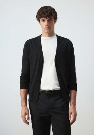 Joven con cabello oscuro que lleva un cárdigan negro abotonado sobre una camiseta blanca y pantalones negros sobre un fondo claro y sencillo.
