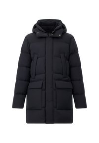 Černý prošívaný péřový kabát s kapucí, předním zipem a čtyřmi velkými kapsami, určený pro zimní nošení.
