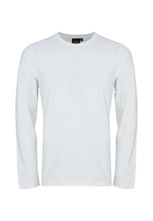 Una camicia bianca a maniche lunghe realizzata in cotone morbido. Presenta un collo rotondo, una vestibilità dritta e un design minimale senza motivi o accenti visibili.