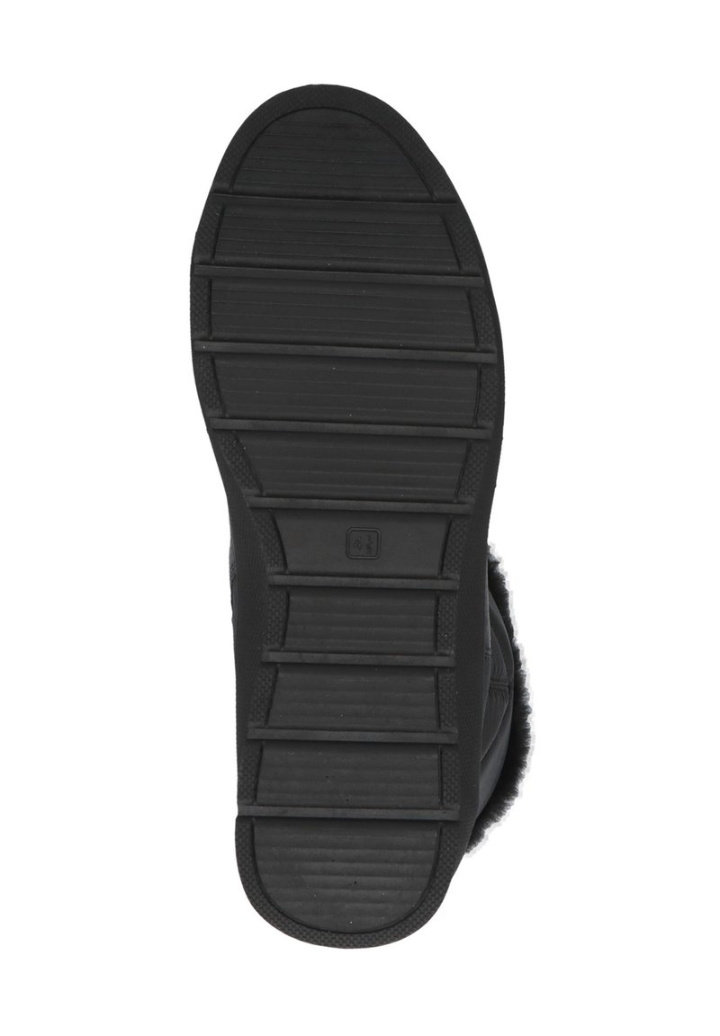 Czarna podeszwa buta z teksturowanej gumy, posiadająca poziome rowki dla lepszej przyczepności, zaokrąglony czubek oraz lekko podniesioną część piętową.