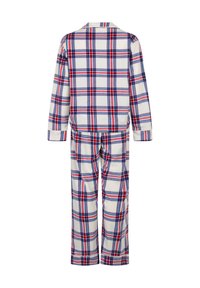Tartan pyjama's in wit, met rode en blauwe lijnen. Zacht materiaal met een gekraagde top en lange mouwen, bijpassende broeken met een elastische taille.