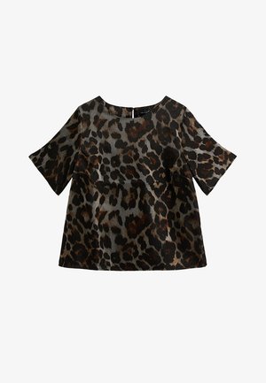 Top a maniche corte in stampa leopardata con base grigia, caratterizzata da macchie marroni e nere, scollo rotondo e vestibilità comoda.