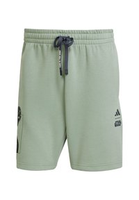 Πράσινα βαμβακερά σορτς με ελαστική μέση και κορδόνι. Διαθέτουν μαύρα γραφικά και λογότυπα των Star Wars και Adidas. Απλός σχεδιασμός.