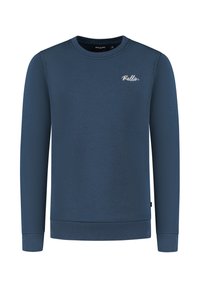 Marineblauwe sweatshirt met lange mouwen, ronde hals, ribgebreide manchetten en zoom, met kleine witte geborduurde tekst "Ballin" op de borst.