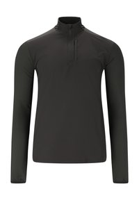 Svart långärmad tröja med halv dragkedja och bröstficka. Har kontrasterande texturerade ärmar och en slät kroppstyg.