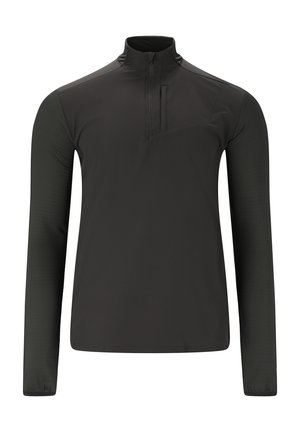 Svart långärmad tröja med halv dragkedja och bröstficka. Har kontrasterande texturerade ärmar och en slät kroppstyg.