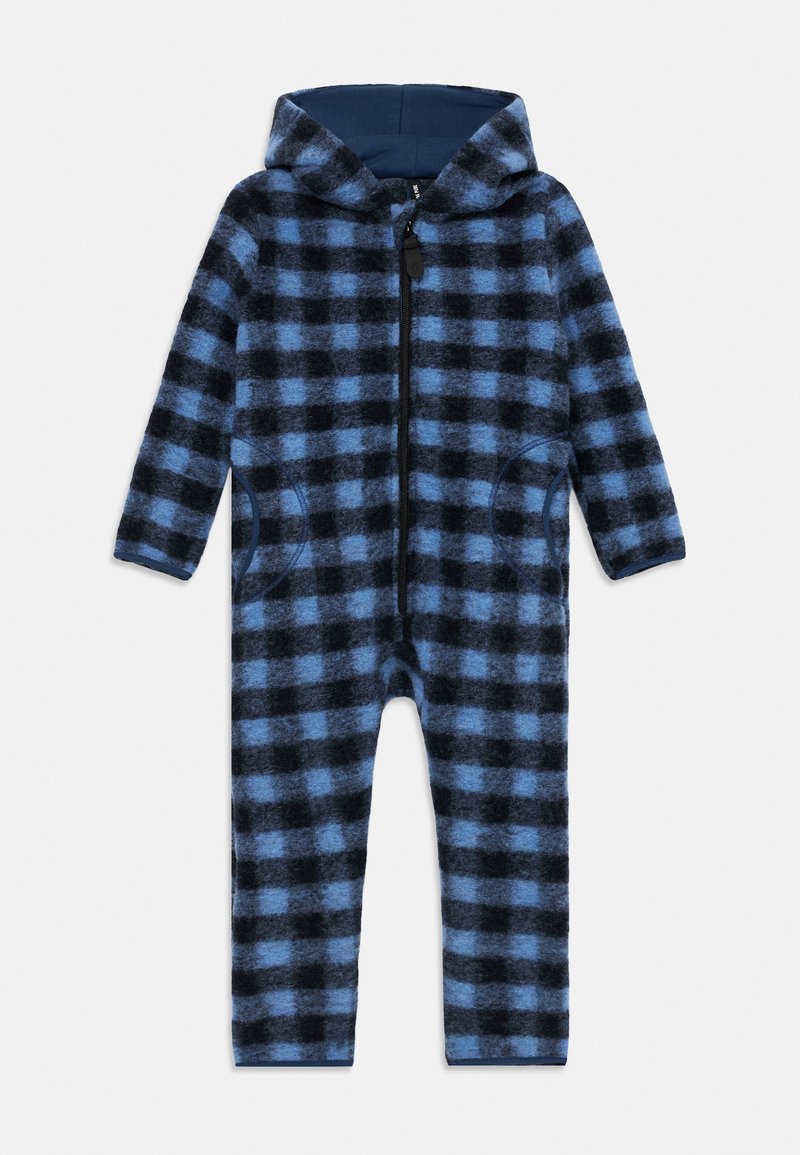 Macaquinho de fleece quadriculado azul e preto com capuz, mangas longas, fecho frontal e bolsos laterais para crianças.