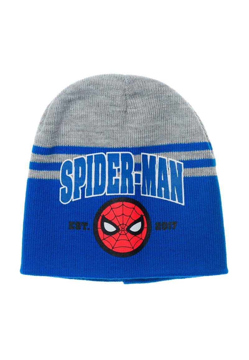 Berretto lavorato a maglia grigio e blu, con una grafica di Spider-Man e testo. Il testo recita "SPIDER-MAN EST. 2017" in lettere bianche in grassetto.