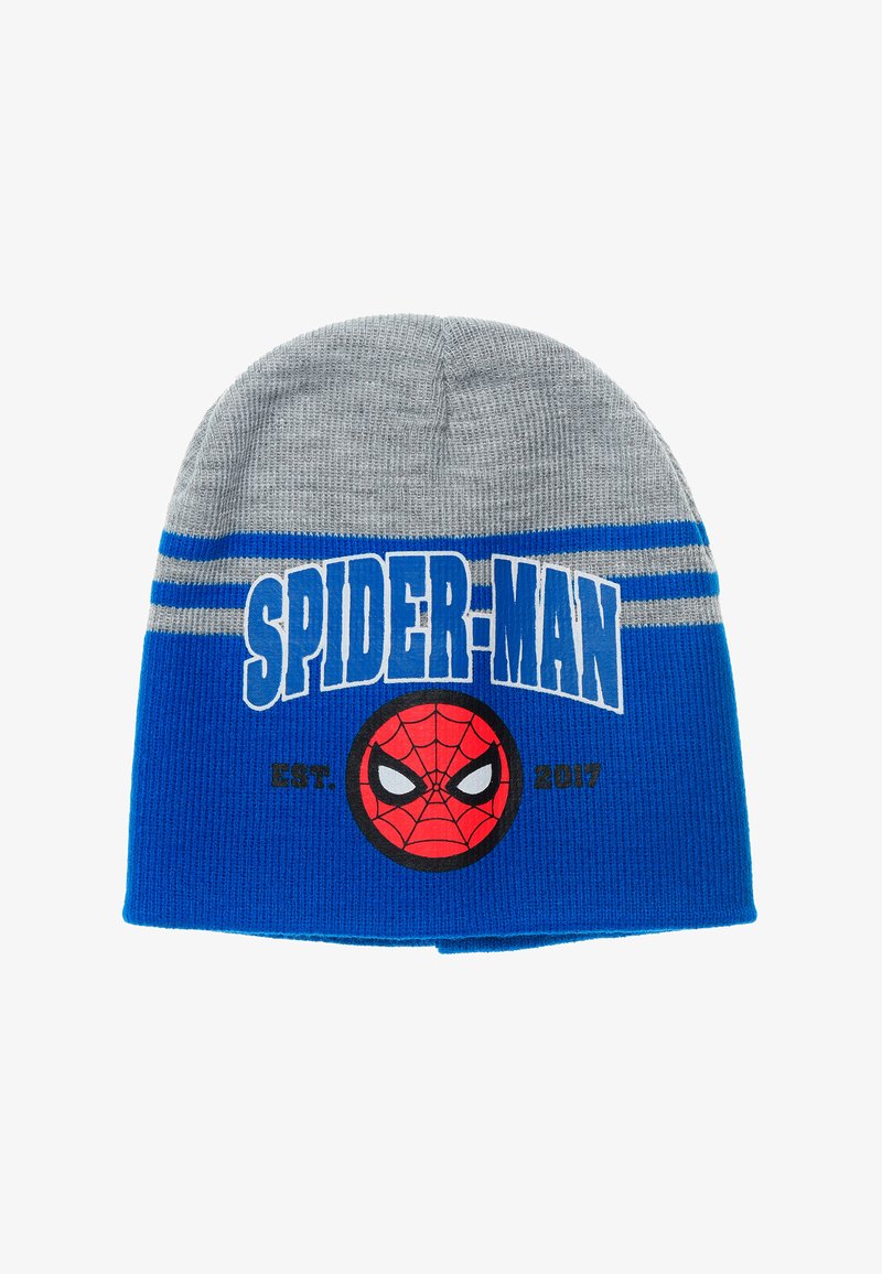 Berretto lavorato a maglia grigio e blu, con una grafica di Spider-Man e testo. Il testo recita "SPIDER-MAN EST. 2017" in lettere bianche in grassetto.
