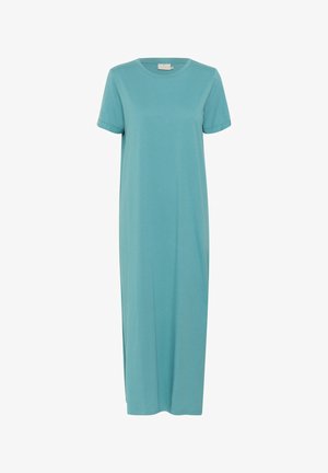 Tīrkīza kokvilnas maksimālas kleitas ar īsām piedurknēm, apaļu kakla izgriezumu un sānu šķēlumiem, ar gludu tekstūru un brīvu siluetu.