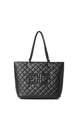 Borsa tote in pelle nera trapuntata con doppi manici e dettaglio logo in rilievo al centro anteriore.