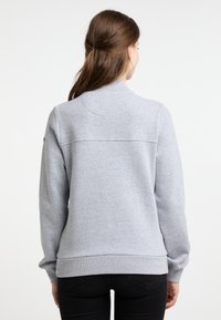 Grijze sweatshirt met lange mouwen, ronde hals en geribde manchetten. Heeft een horizontale naad over de rug en een zachte, gestucte afwerking.
