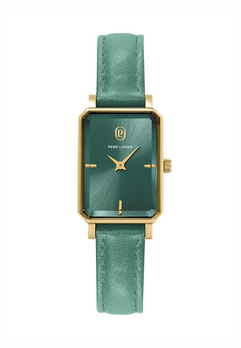 Rectangular watch with a gold-tone metal case and a teal leather strap. Dial features a textured teal surface and gold hands.