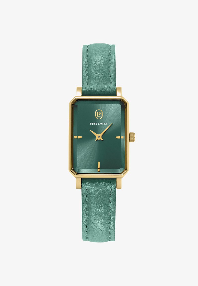 Rectangular watch with a gold-tone metal case and a teal leather strap. Dial features a textured teal surface and gold hands.
