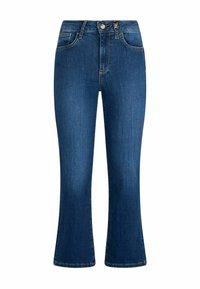 Jeans a zampa d'elefante in denim blu scuro. Presentano un'alta vita, un classico design a cinque tasche e sottili accenti di cucitura. Texture morbida e forma strutturata.