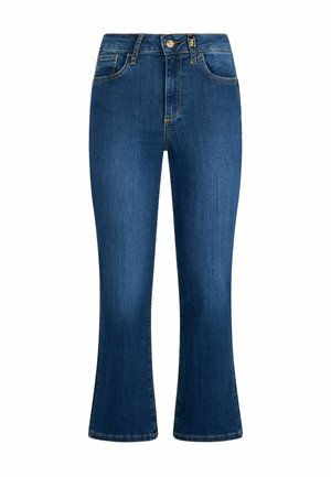 Jeans a zampa d'elefante in denim blu scuro. Presentano un'alta vita, un classico design a cinque tasche e sottili accenti di cucitura. Texture morbida e forma strutturata.