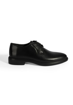 Zwarte leren dresschoenen met een gladde afwerking, ronde neus, vetersluiting en een lage rubberen zool. Kenmerkt zich door minimale stiksels en een slanke uitstraling.