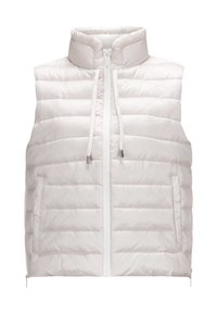 Gepolsterte ärmellose Weste in Hellbeige. Verfügt über einen hohen Kragen, einen vorderen Reißverschluss und zwei Seitentaschen. Glatte, glänzende Oberfläche mit horizontalen Steppnähten.