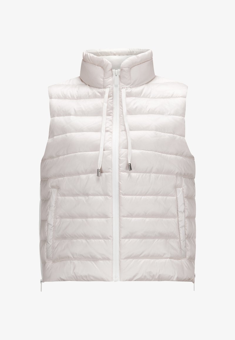 Gepolsterte ärmellose Weste in Hellbeige. Verfügt über einen hohen Kragen, einen vorderen Reißverschluss und zwei Seitentaschen. Glatte, glänzende Oberfläche mit horizontalen Steppnähten.