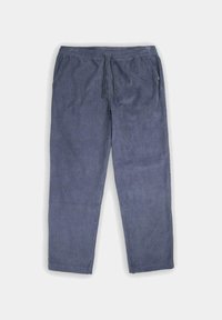 Pantalones de corduroy de algodón en azul marino, con cinturilla elástica y cordón, bolsillos laterales, textura suave y corte recto.
