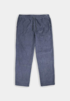 Pantalones de corduroy de algodón en azul marino, con cinturilla elástica y cordón, bolsillos laterales, textura suave y corte recto.