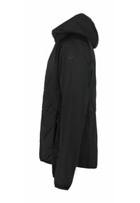 Chaqueta de plumas negra con capucha, que cuenta con un frente con cremallera, bolsillos laterales y un logo en relieve en el hombro. Acabado suave y mate.