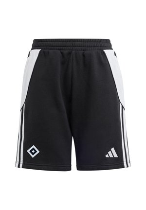 Schwarze Sportshorts mit weißen Seitenpaneelen, weißen Streifen an den Seiten, elastischem Bund und zwei weißen Logos an den vorderen unteren Beinen.