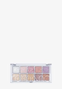 Palette di ombretti glitterati con otto cialde rettangolari in tonalità di argento, rosa, oro e viola. Confezione trasparente con il logo del marchio sulla parte anteriore.