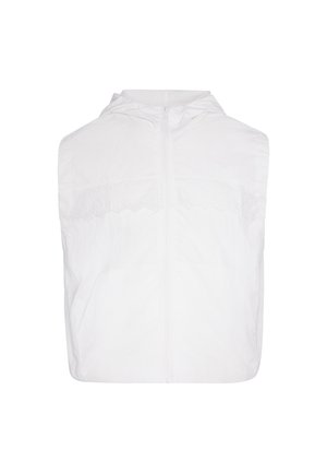 White sleeveless hooded vest with front zipper, simple design, and lightweight padded material.