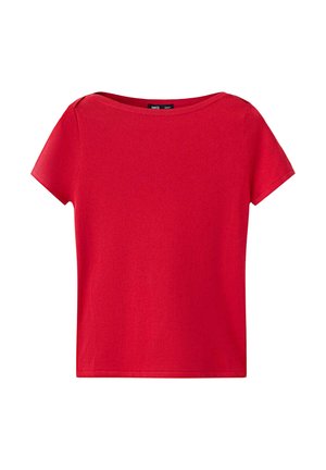 T-shirt rouge à manches courtes avec col rond, au design simple et uni, avec une petite étiquette noire à l'intérieur du col arrière.