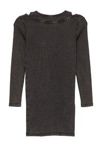 Langärmliges Kleid aus dunkelgrauem Rippstoff mit Rundhalsausschnitt und feinen Liniendetails an Schultern und Ärmeln. Der Saum ist gerade.