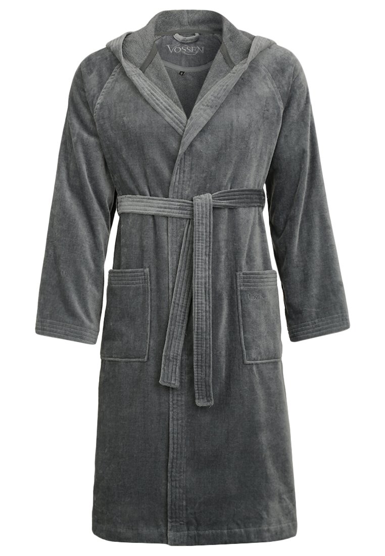 Grey bathrobe made of soft terry fabric, featuring a hood, two front pockets, and a matching belt. The design includes ribbed accents.