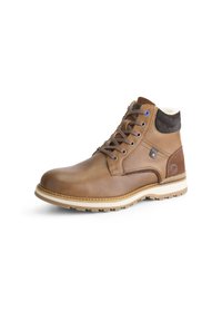 Bruin leren enkellaars met een donkerbruine gewatteerde kraag, vetersluiting aan de voorkant, beige zool met profiel en een zachte binnenvoering.