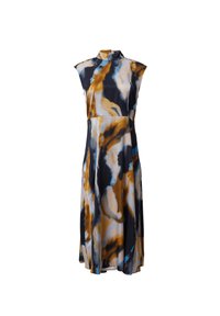 Ärmelloses Kleid aus fließendem Stoff mit einer Mischung aus blauen, goldenen und schwarzen abstrakten Mustern, hochgeschlossen und im A-Linien-Schnitt.