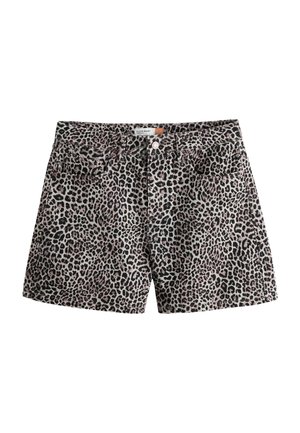 A-formede shorts med sort og gråt leopardprint, forlukning med knap og lynlås foran samt forlommer.