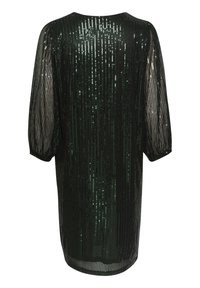 Musta paljeteilla koristeltu mekko, jossa on pitkät, läpikuultavat, pussimaiset hihat, löysä istuvuus ja suora helma. Kangas on kiiltävää pystysuorine raidoituksineen.