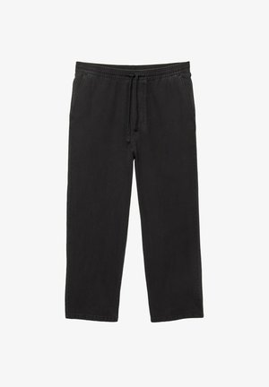 Pantaloni neri in cotone leggero con vita elastica, cordoncino e tasche laterali. Design a gamba dritta, superficie liscia e colore uniforme.