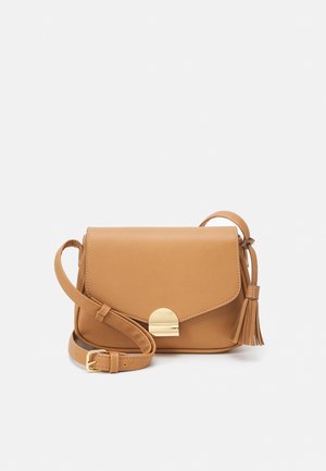 Kleine rechthoekige bruine leren crossbodytas met een gouden gesp, verstelbare riem en een kwastdetail aan de zijkant.