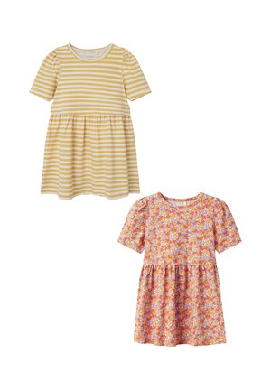 Two short-sleeve dresses: one yellow with white stripes, the other pink with a floral pattern. Both feature a gathered skirt design.