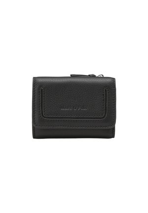 Schwarze Lederbörse mit strukturierter Oberfläche, geradlinigem Design, Fronttasche, geprägtem Logo und kontrastierenden Nähten. Kompakt und praktisch.