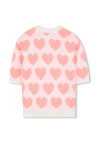 Maglione rosa a maniche corte con texture liscia, motivo a cuori rosa chiaro su tutta la superficie e colletto e orlo a coste di colore crema.